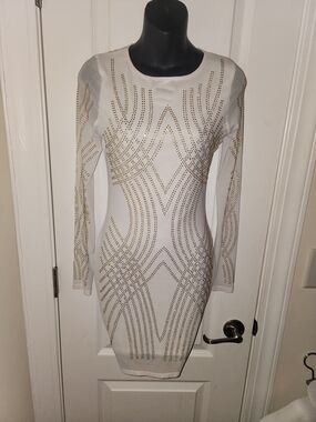 White Long-Sleeve Bodycon Dress with Gold Stud Detail